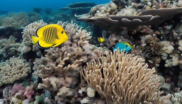 a fish is swimming around a coral with a yellow fish