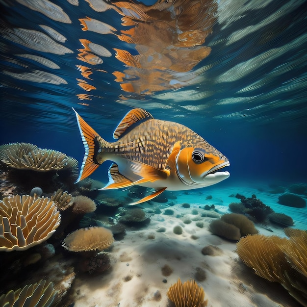 바닥에 quot snorkel quot이라는 제목이 있는 산호 아래에서 물고기가 헤엄치고 있습니다.