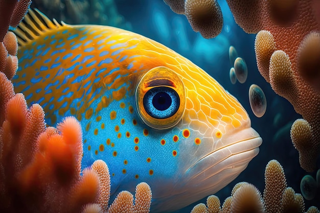 Рыба грациозно плавает в коралловом рифе Макро зум