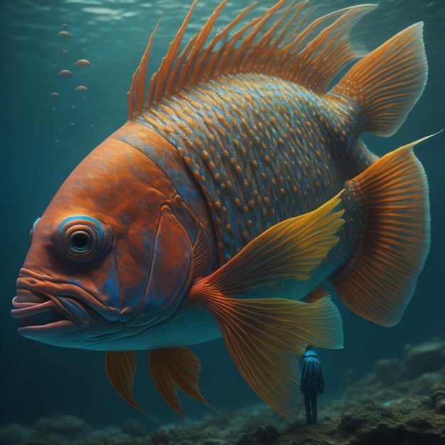 A fish is swimming under a man in front of a diver.