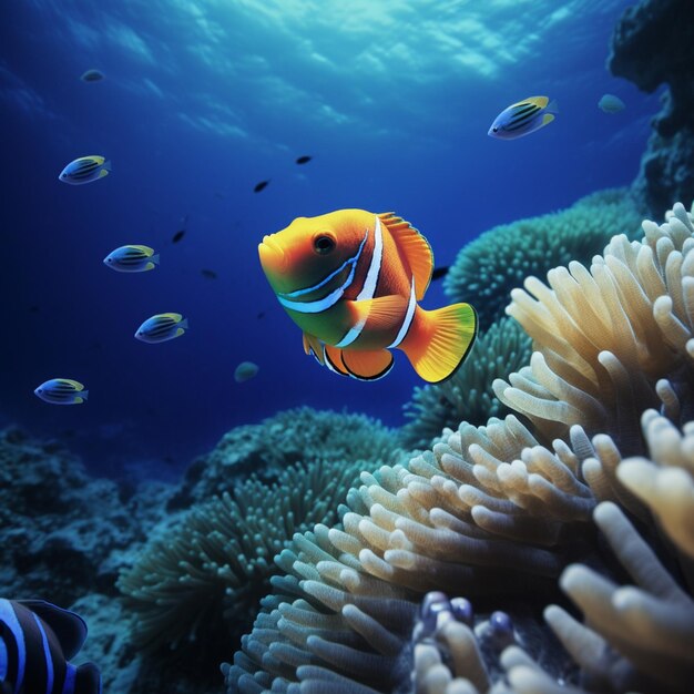 A fish is swimming in the ocean with a coral reef in the background.