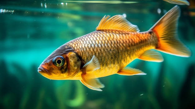 a fish is swimming in the water with the fish in the background.