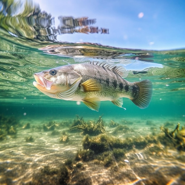 a fish is swimming in the water with the sun shining on the bottom.