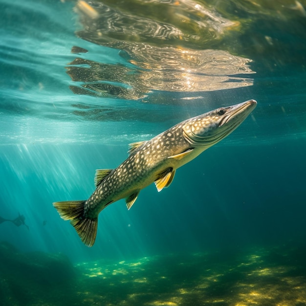 a fish is swimming under the water with the sun shining on the surface.