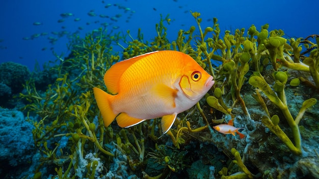 Photo a fish is in an underwater exhibit with an orange fish