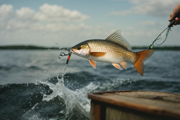 魚は餌釣り糸餌フック アークのためにジャンプします。