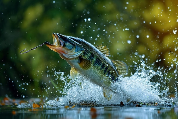 Foto il pesce salta per l'esca, la corda da pesca, l'amo dell'esca.