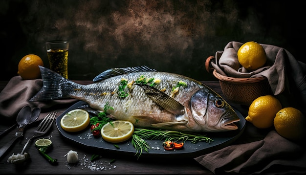 A fish and lemon on a plate