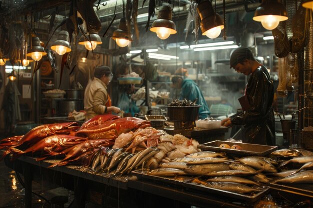 Photo fish market fish industry concept