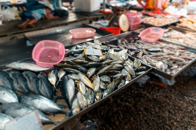 Fish market in KrabiRaw seafood in a market near the tropical sea