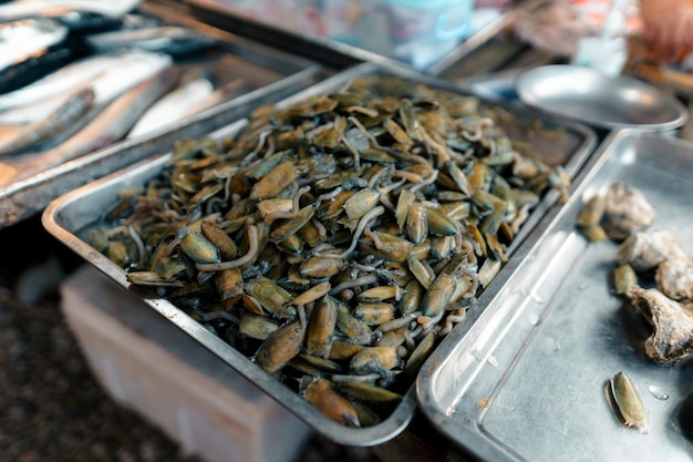 Fish market in KrabiRaw seafood in a market near the tropical sea