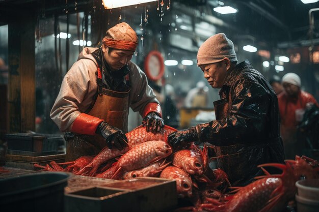 Foto mercato del pesce nel porto di tokyo generative ai