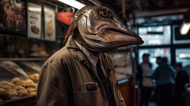 A fish mask with a man in a suit stands in front of a shop.