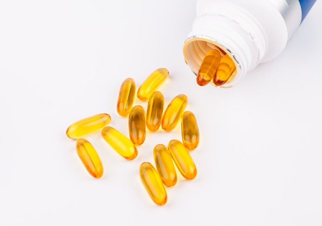 Fish oil capsules and container