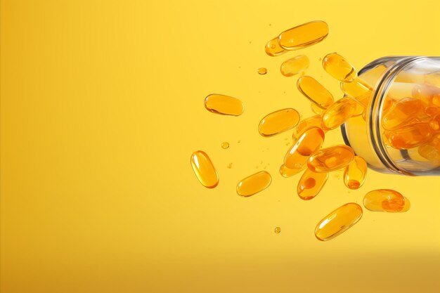 Fish oil capsules falling nutritional supplement and health care concept on yellow background