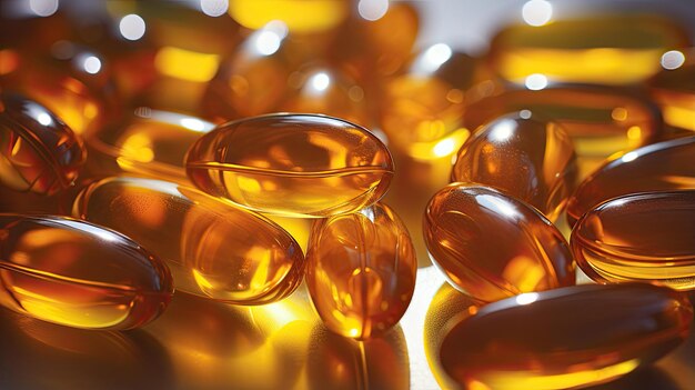 Fish oil capsules with omega 3 or vitamin D A E Healthy diet concept