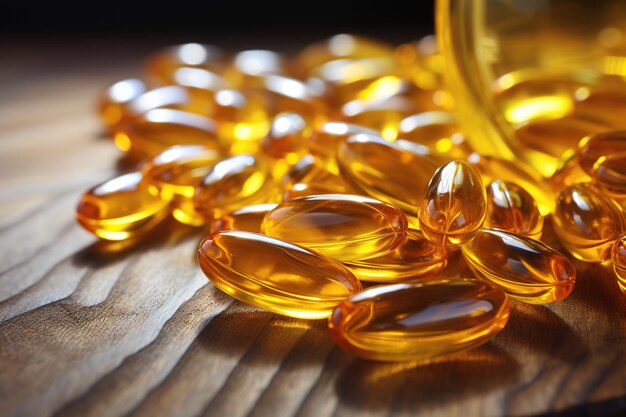 Fish oil capsules on wooden background Ai background