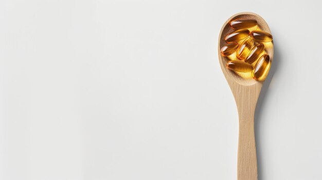 Fish oil capsules in a wooden spoon with copy space against a white background