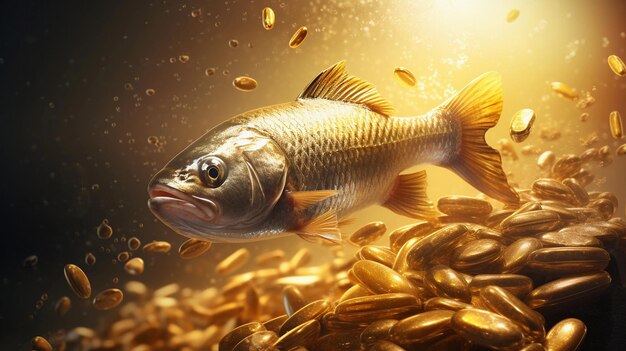 Fish oil pills and fresh fish on light background