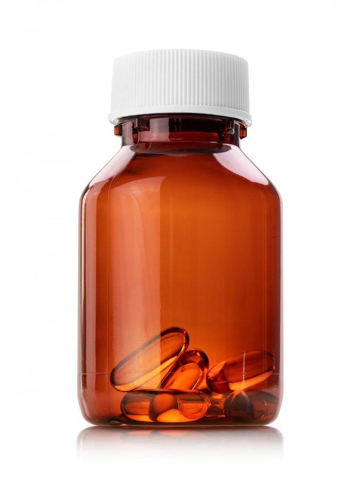 Photo fish oil soft gel capsules in brown transparen plastic bottle