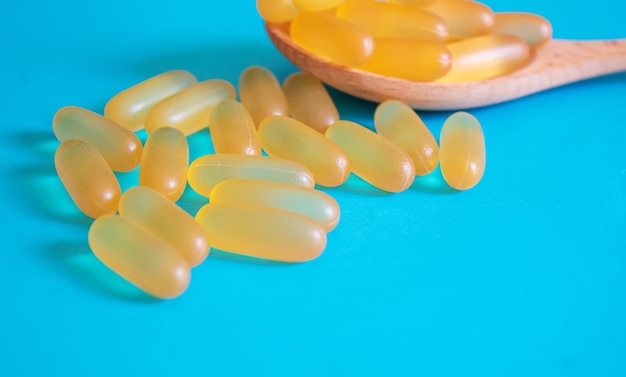 Fish oil tablets. Omega-3 gel capsules. selective focus.medica