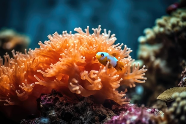 A fish in an orange and yellow coral