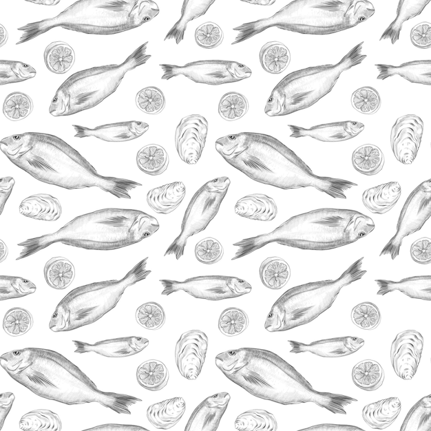 Photo fish oyster and lemon seamless pattern hand drawn pencil sketch sea food illustration