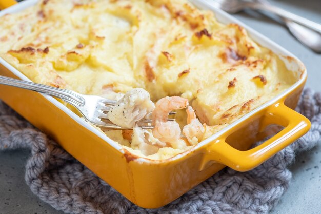 Fish pie with shrimp and mashed potato