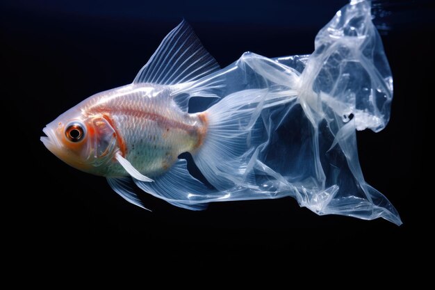 Fish in a piece of cellophane bag swims in the ocean
