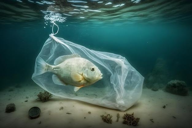 Fish and plastic pollution Envrionmental problem plastics contaminate seafood Neural network AI generated