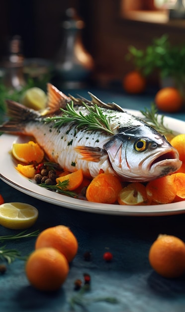 Foto pesce in un piatto con spezie e erbe in salsa