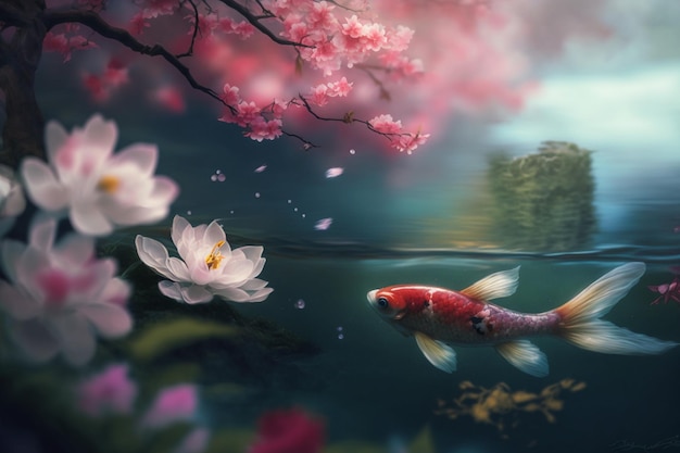 Foto un pesce in uno stagno con fiori