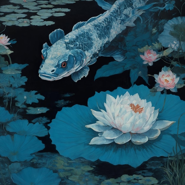 Fish in a pond with water lilies ukiyoe japanese painting