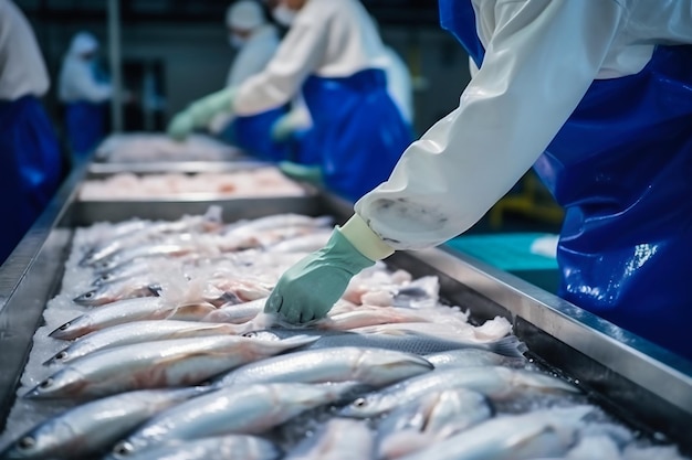 Fish processing plant People sort the fish moving along the conveyor Sorting and preparation of fish