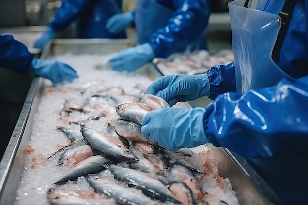 Foto impianto di lavorazione del pesce le persone smistano il pesce muovendosi lungo il nastro trasportatore smistamento e preparazione del pesce