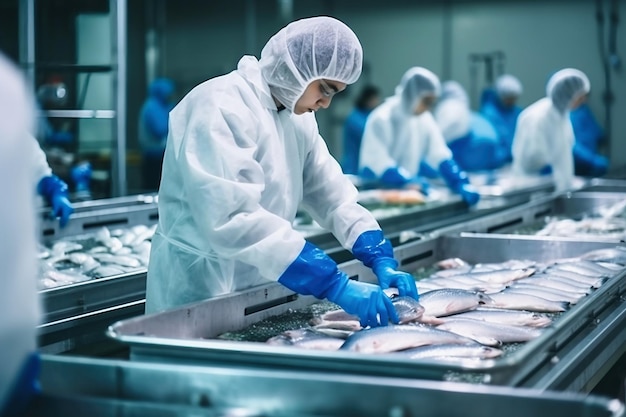 Производственная линия рыбоперерабатывающего завода Люди сортируют рыбу, движущуюся по конвейеру. Сортировка и подготовка рыбы. Производство рыбных консервов. Современная пищевая промышленность.