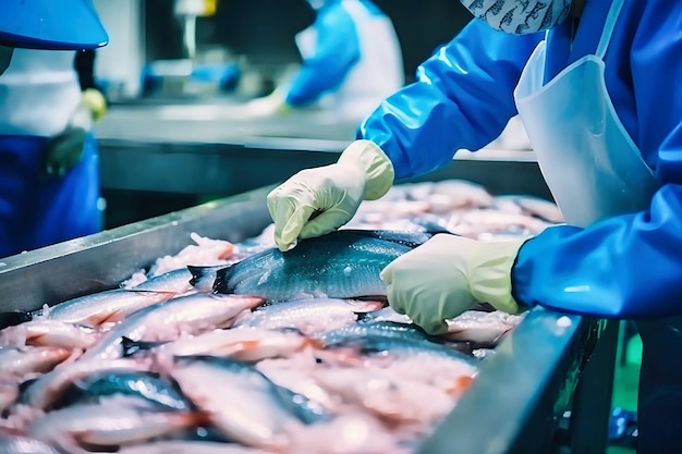 Рыбоперерабатывающее предприятие Производственная линия Люди сортируют рыбу, движущуюся по конвейеру Сортировка и приготовление рыбы Производство консервированной рыбы современная пищевая промышленность