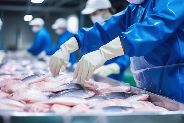 Fish processing plant Production Line People sort the fish moving along the conveyor Sorting and preparation of fish Production of canned fish modern food industry