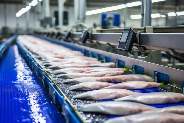 水産加工工場の生産ライン 工場のコンベア上の生の海魚 缶詰の魚の生産 現代の食品産業