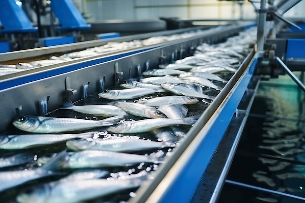 Fish processing plant Production Line Raw sea fish on a factory conveyor Production of canned fish modern food industry