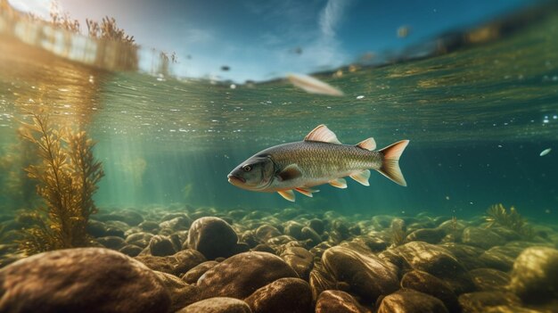 fish in river under water A professional 3d renderingGenerative AI