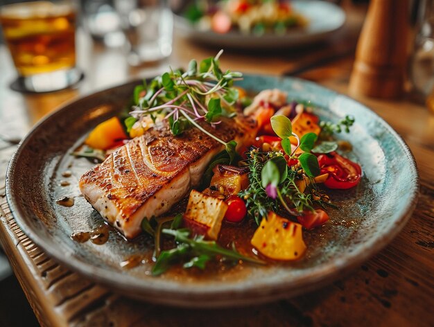 Photo fish salmon steak with vegetables on the dish