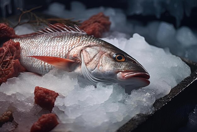 a fish sat on an ice tray in the style of focus stacking