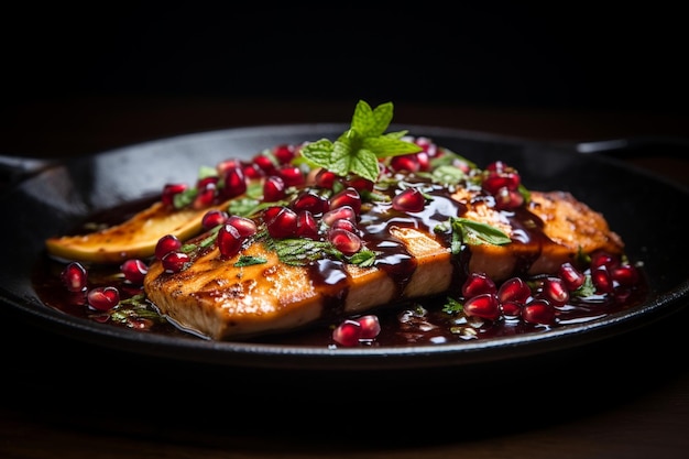 Photo fish sauteed in pomegranate sauce and served in granate plate
