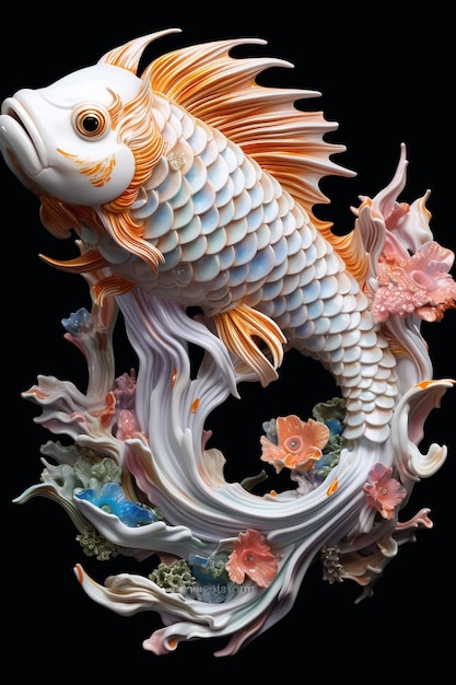 A fish sculpture with a flower on its face