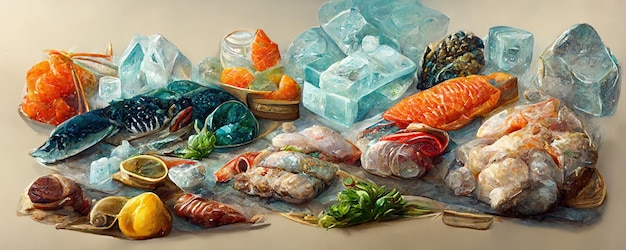 Fish and sea food products with ice background digital illustration