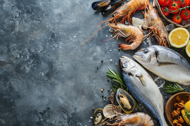 Foto fondo di pesce e frutti di mare con vari tipi