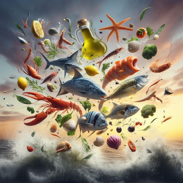 Photo fish and seafood barbacue flying pieces of meat and veggies splahing sauces sunset golden light