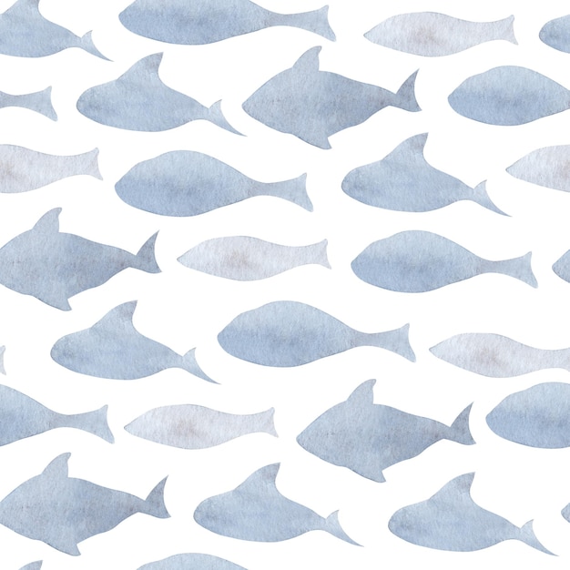 Photo fish seamless pattern hand drawn watercolor background with shoal on isolated backdrop illustration of sea ornament for wrapping paper or textile design in marine style doodle ocean animals