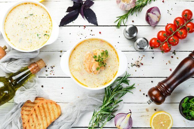 Fish soup with vegetables Soup in a bowl Top view Free space for your text